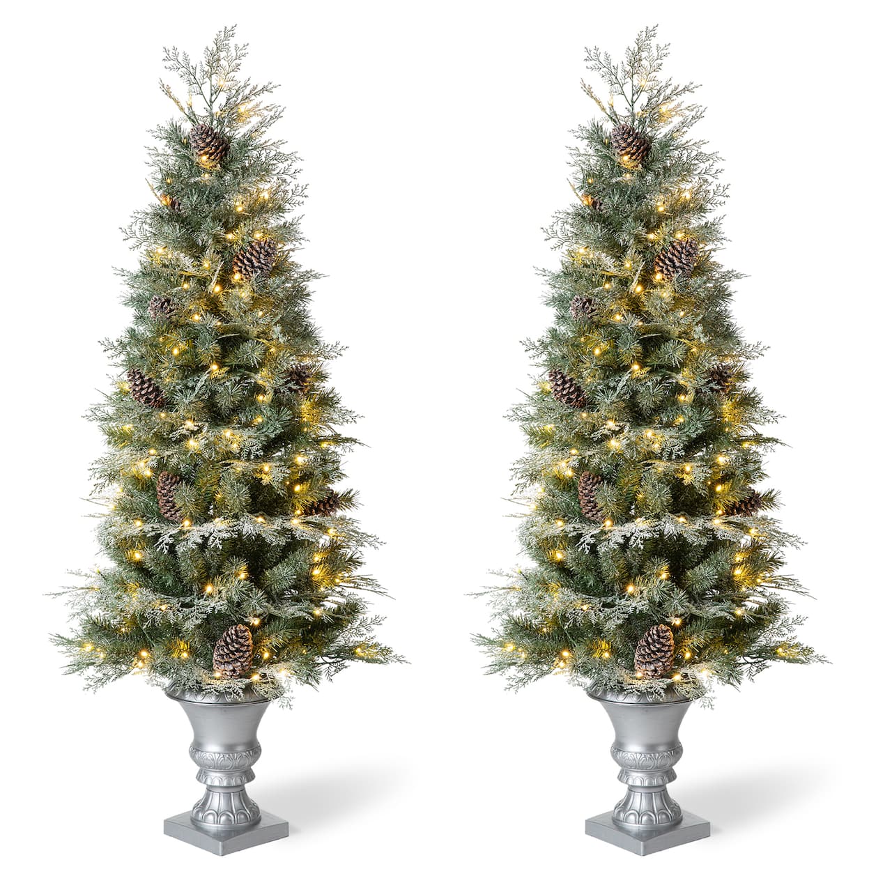 2 Pack 5ft. Pre-Lit Pine Artificial Christmas Porch Tree, Warm White LED Lights